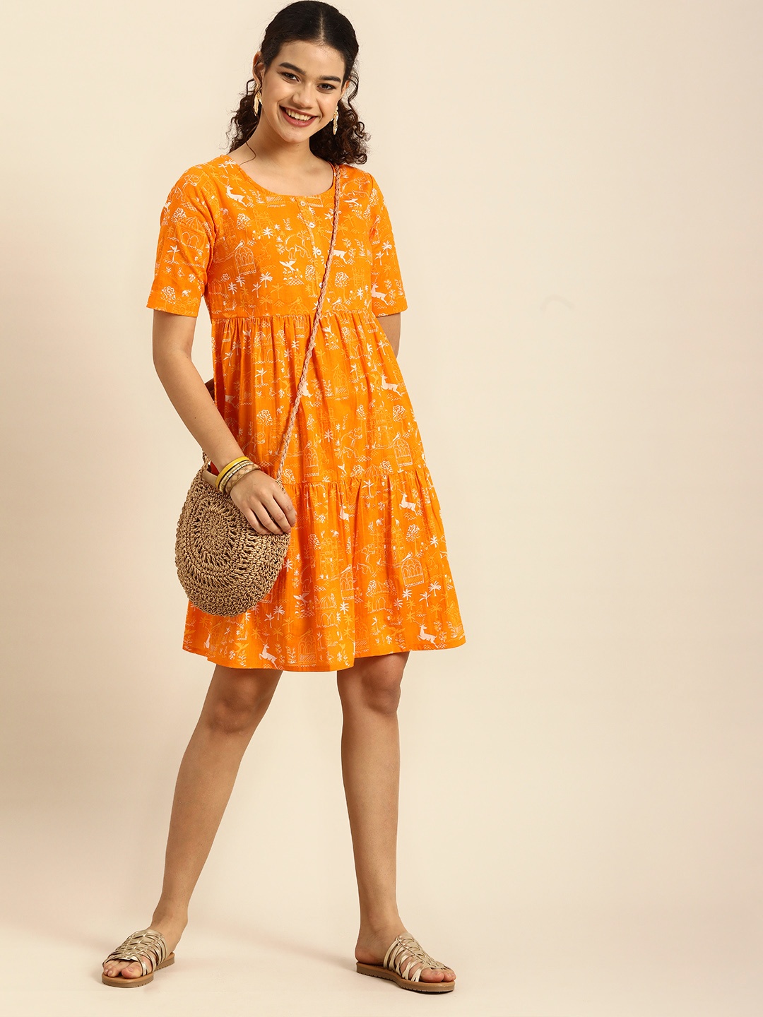

Anouk Mustard Yellow & White Conversational Printed A-Line Dress