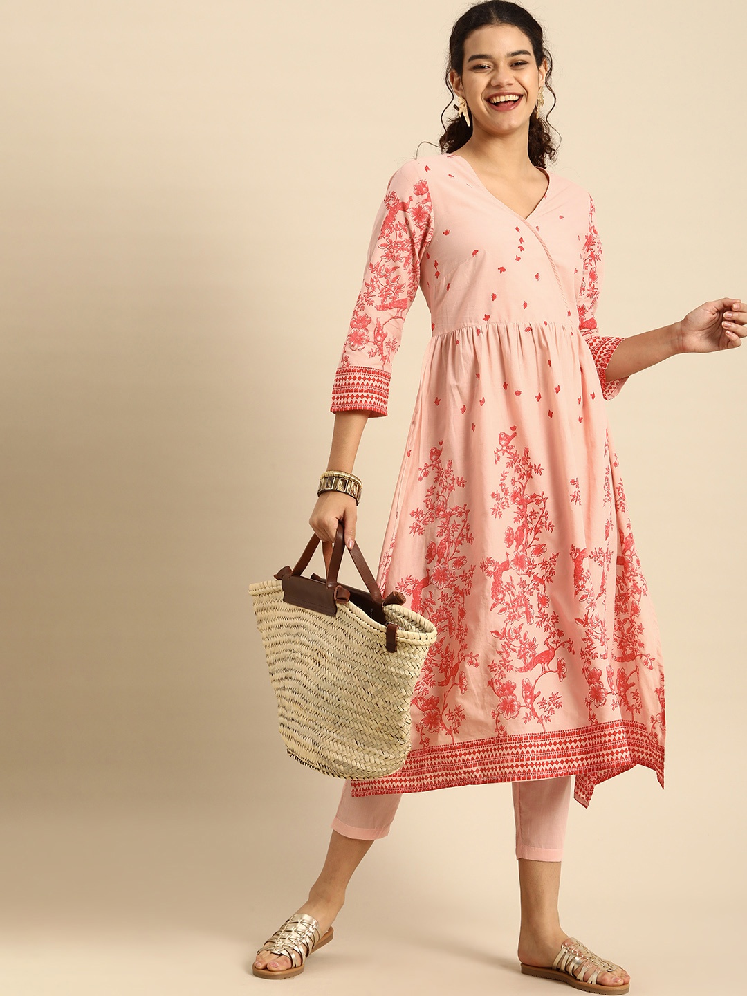 

Anouk Women Peach-Coloured Printed Angrakha Pure Cotton Kurta with Trousers