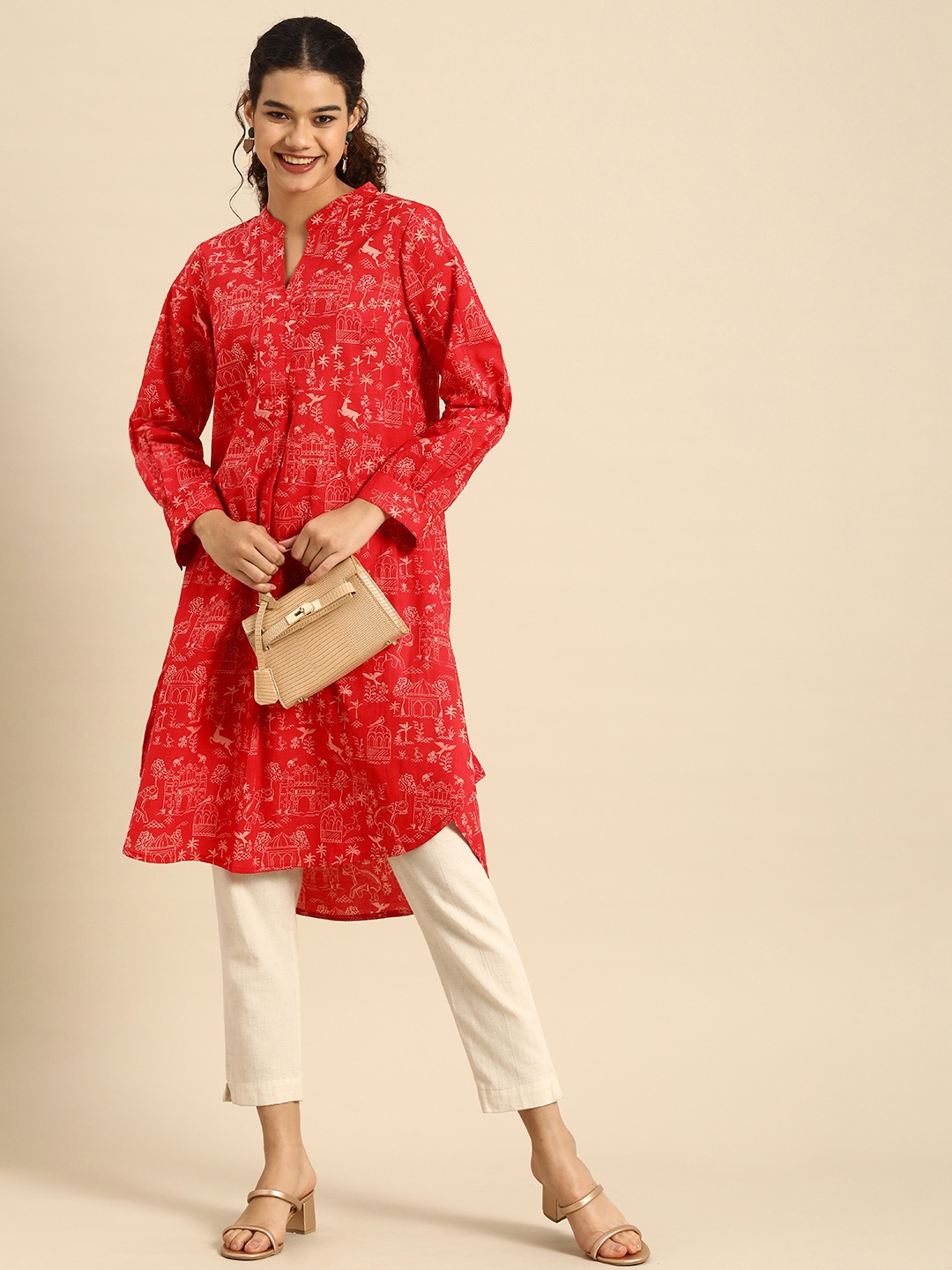 

Anouk Women Red & White Ethnic Motifs Printed V Neck Long Sleeves Pure Cotton Kurta