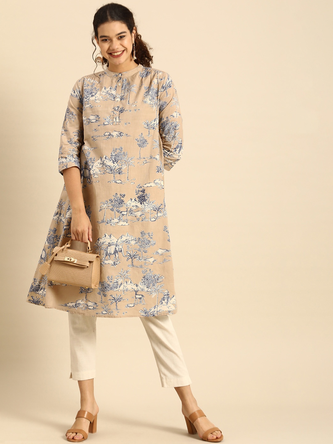

Anouk Women Beige & Grey Conversational Printed Kurta