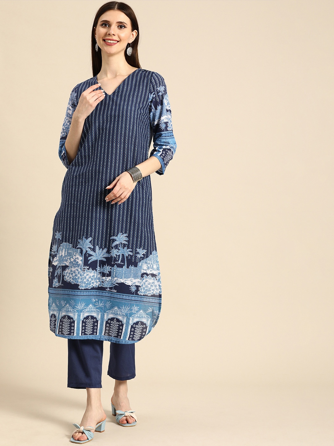 

Anouk Women Blue Printed Pure Cotton Kurta with Trousers