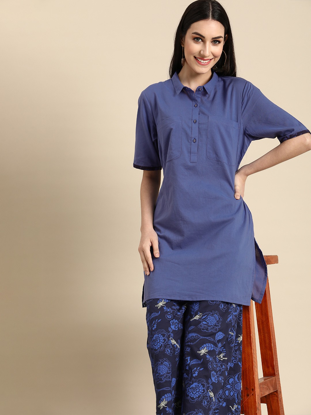 

Anouk Women Navy Blue Solid Pure Cotton Kurta with Printed Palazzos