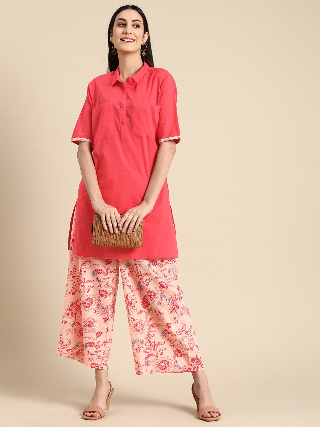 

Anouk Women Coral Red Pure Cotton Solid Kurta with Printed Palazzos