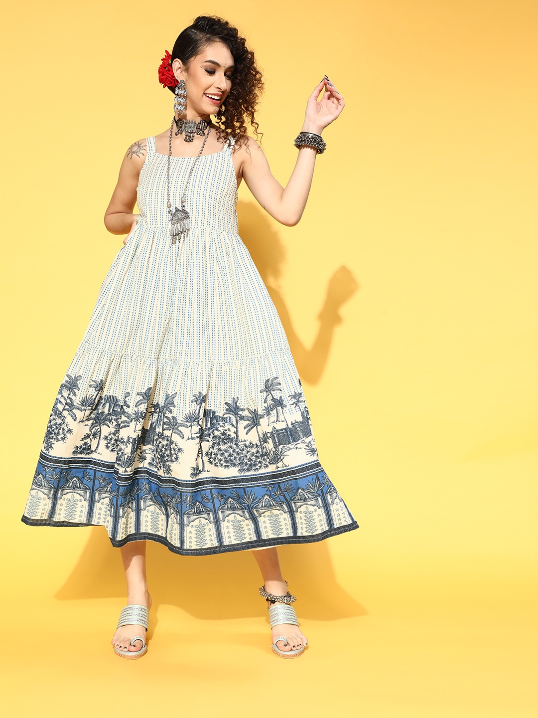 

Anouk Women Off White & Blue Geometric Printed A-Line Midi Dress