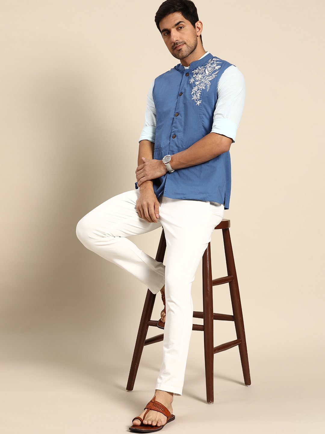 

Anouk x Neel-Gaon Men Blue & White Pure Cotton Embroidered Nehru Jacket