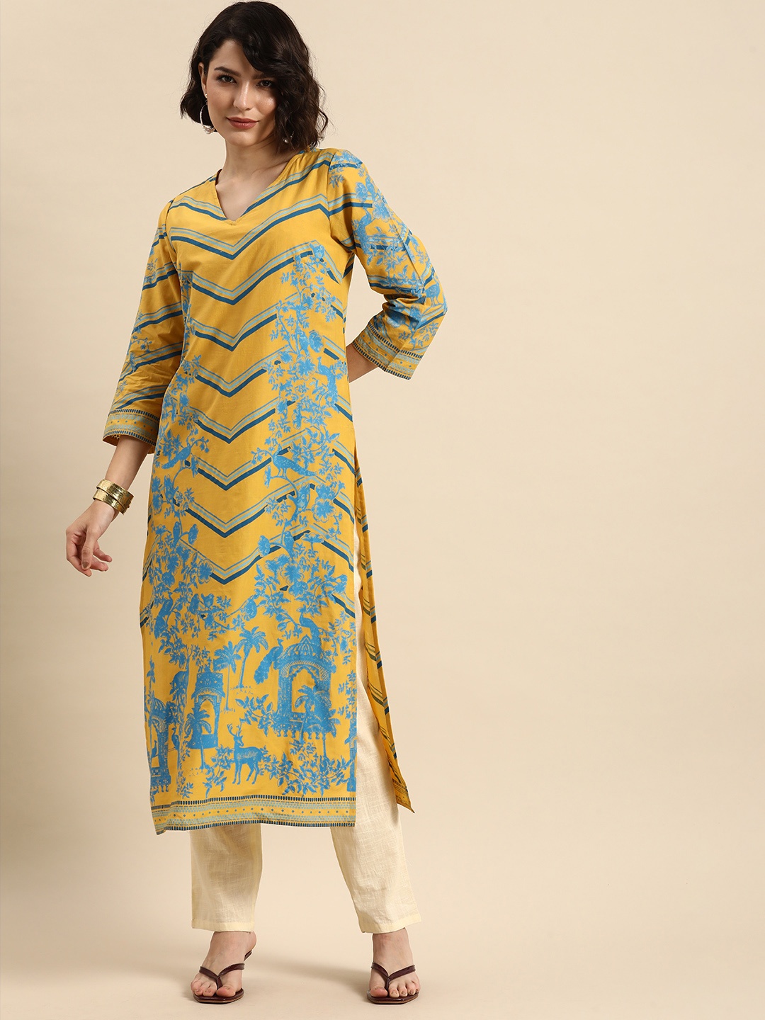 

Anouk Women Mustard Yellow & Blue Floral Printed Floral Kurta