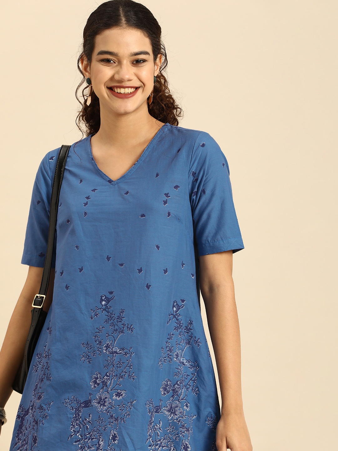 

Anouk Blue & Grey Floral Printed Woven A-Line Dress
