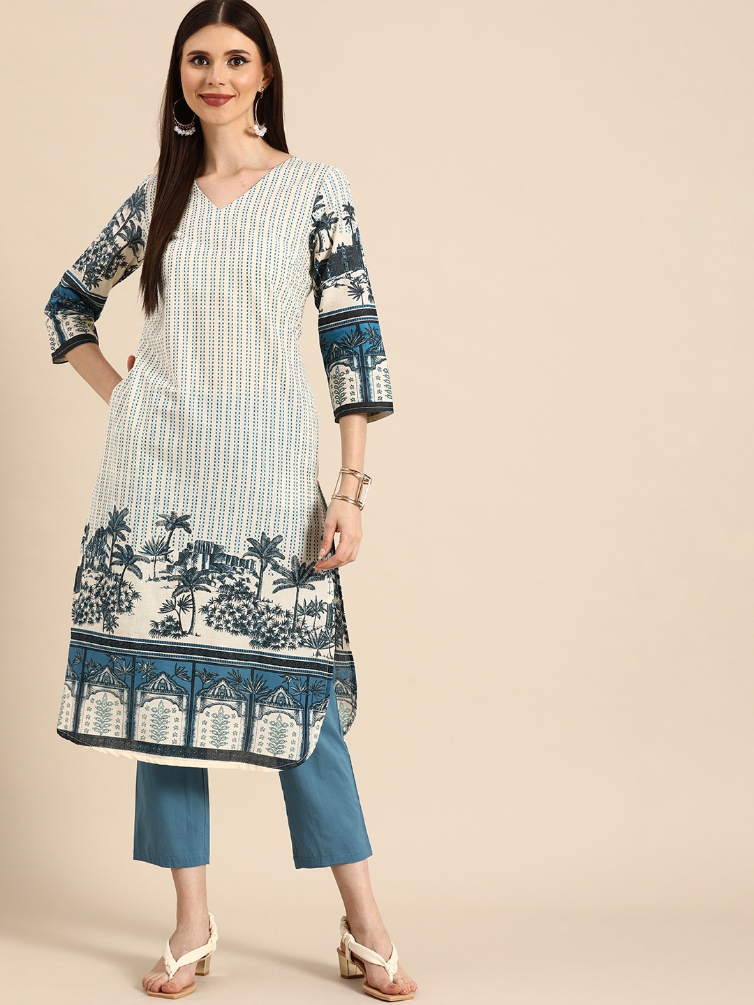 

Anouk Women Off White Ethnic Motifs Printed Pure Cotton Kurta with Trousers