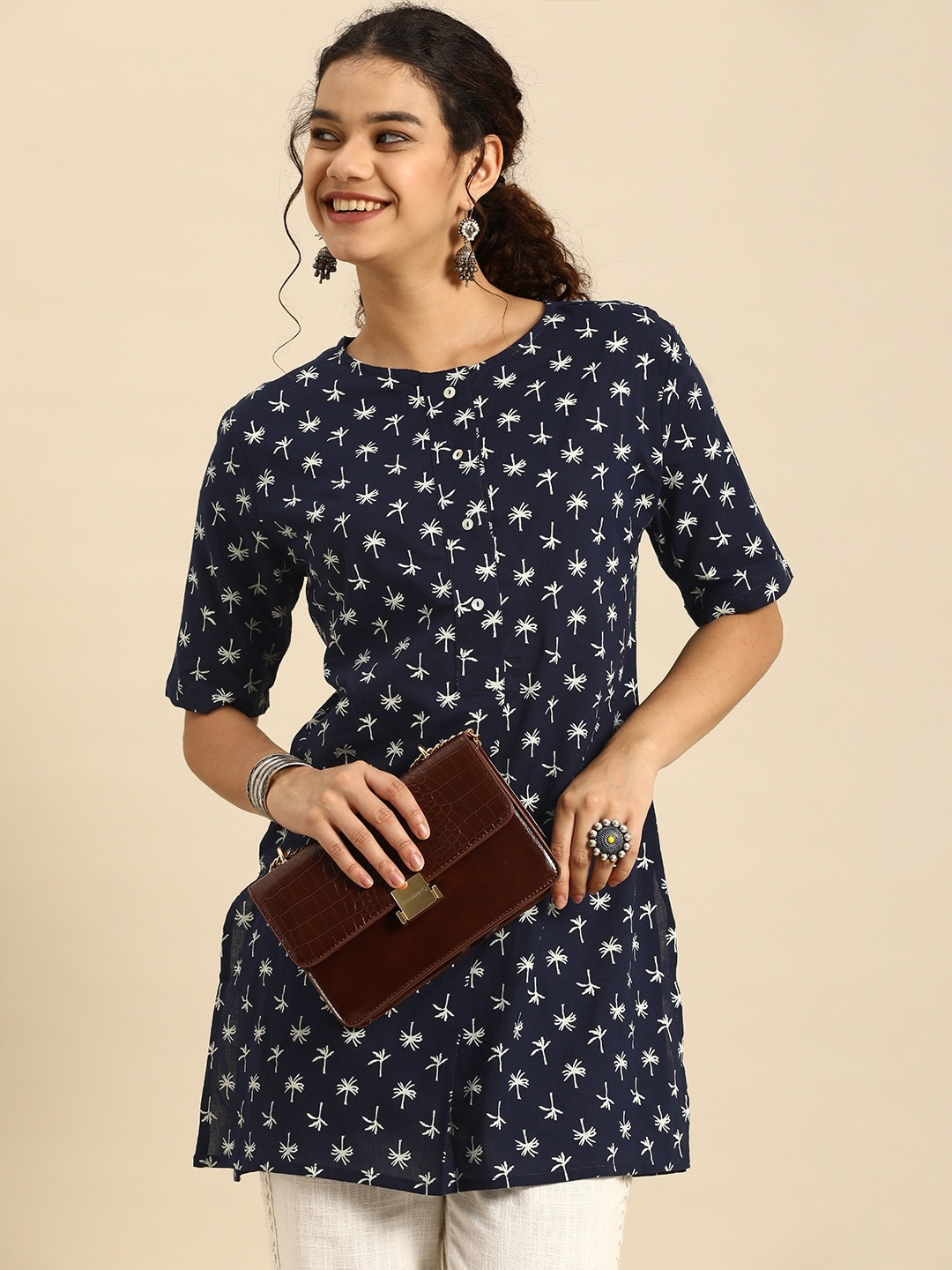

Anouk Navy Blue & White Printed Pure Cotton Round Neck A-line Kurti