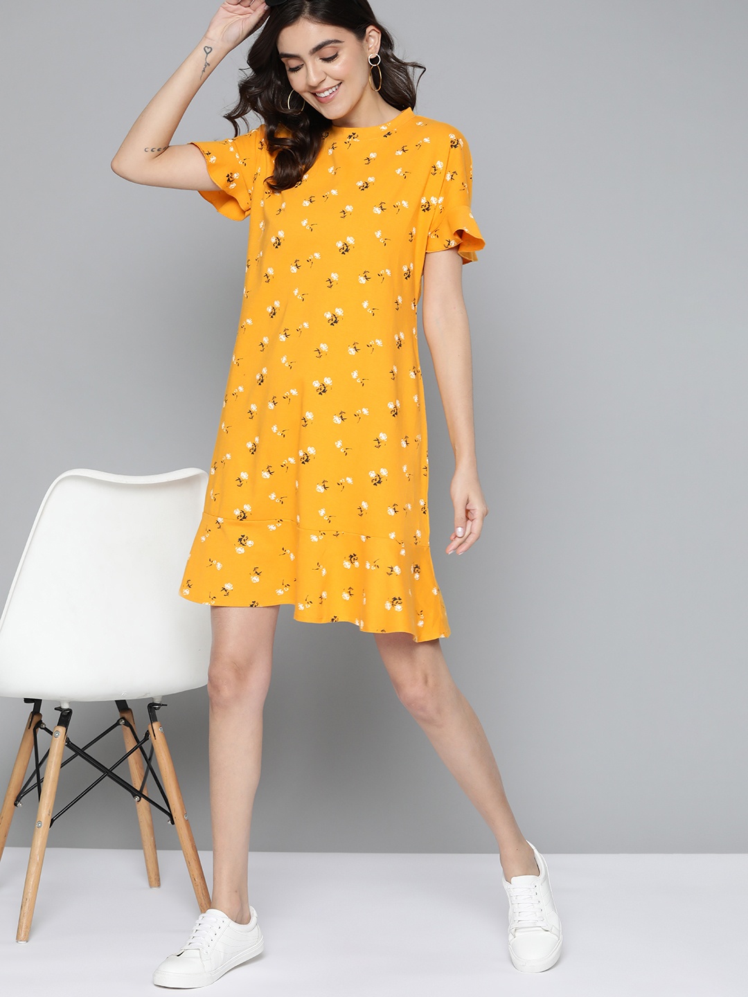 

Mast & Harbour Women Mustard Yellow & Off White Floral A-Line Dress