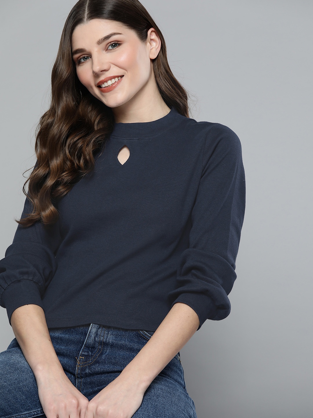 

Mast & Harbour Women Navy Blue Pure Cotton Solid Top