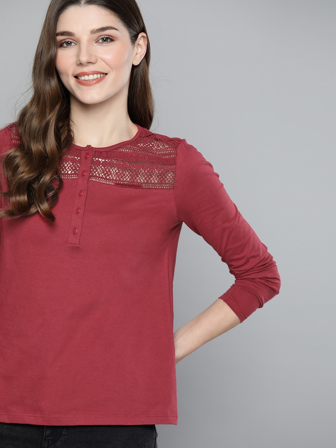 

Mast & Harbour Women Maroon Pure Cotton Solid Top