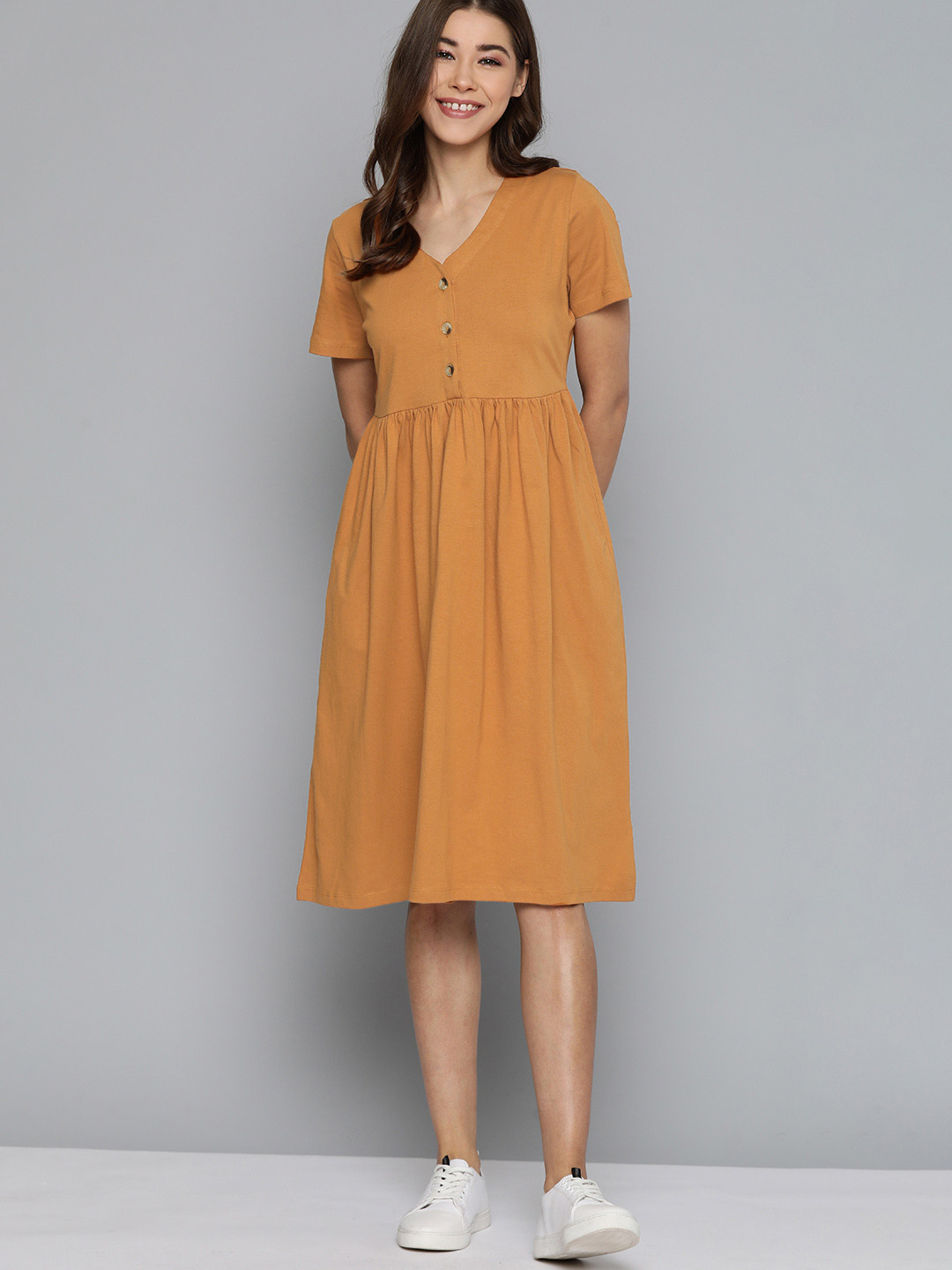 

Mast & Harbour Mustard Yellow Solid Pure Cotton A-Line Midi Dress