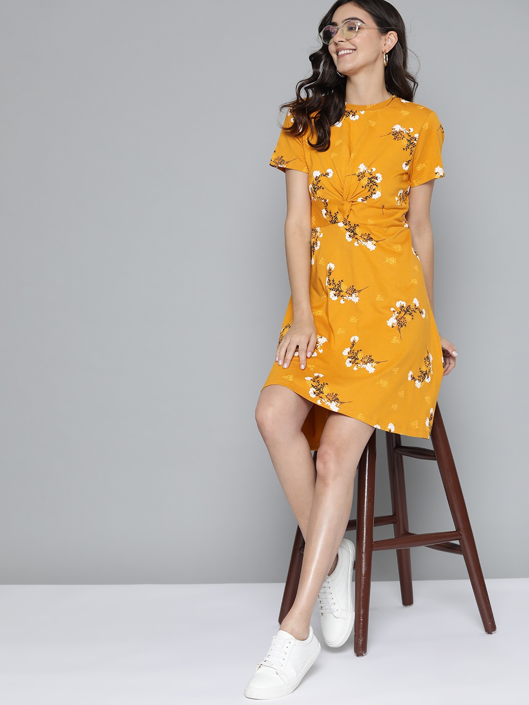 

Mast & Harbour Women Mustard Yellow & Off White Floral A-Line Dress