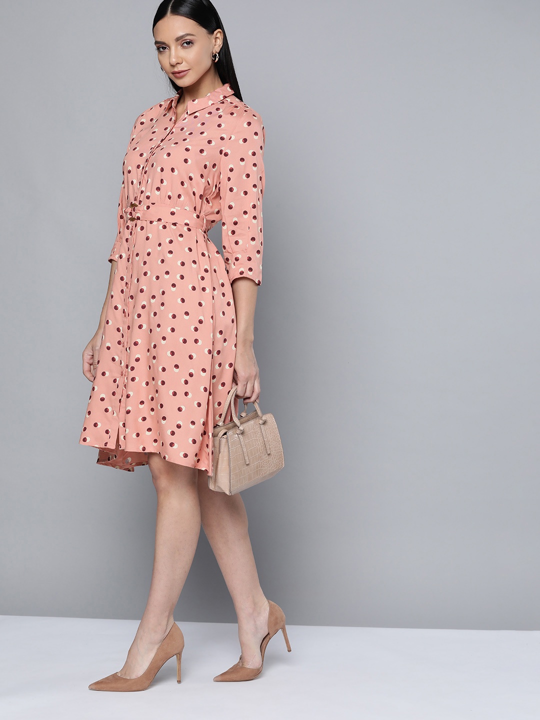 

Chemistry Peach & Cream-Coloured Geometric Printed Fit & Flare Dress With Belt