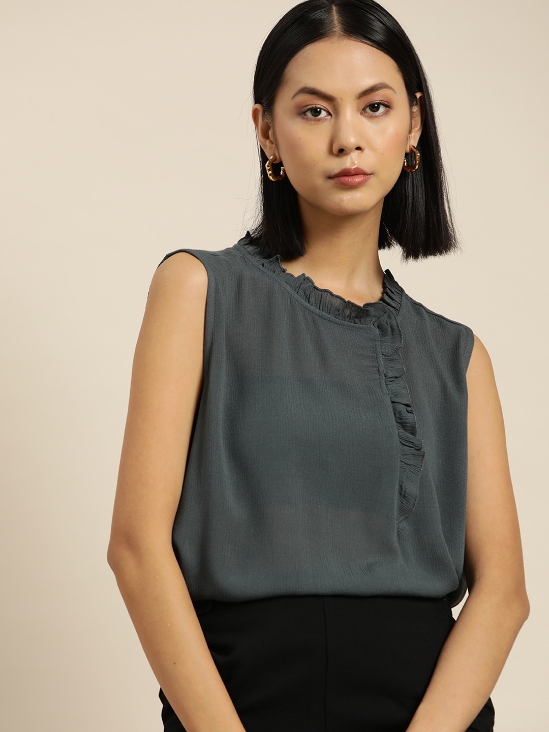 

her by invictus Olive Green Solid Ruffles Detail Top