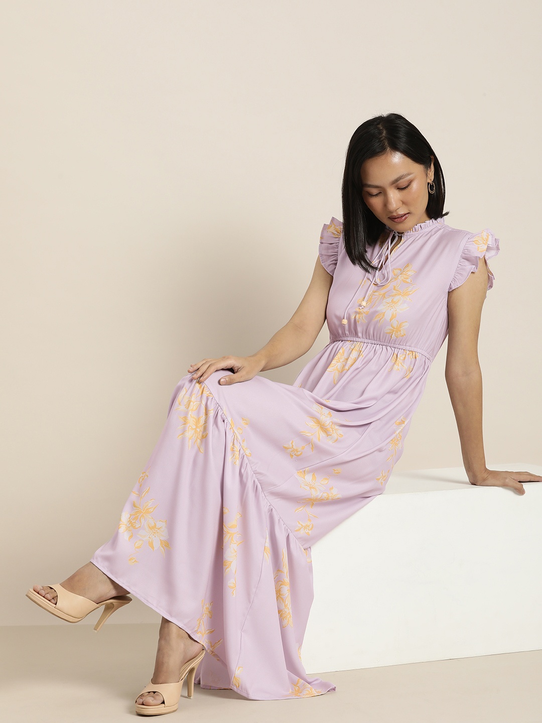 

her by invictus Lavender & Yellow Floral Print Tie-Up Neck Maxi Dress