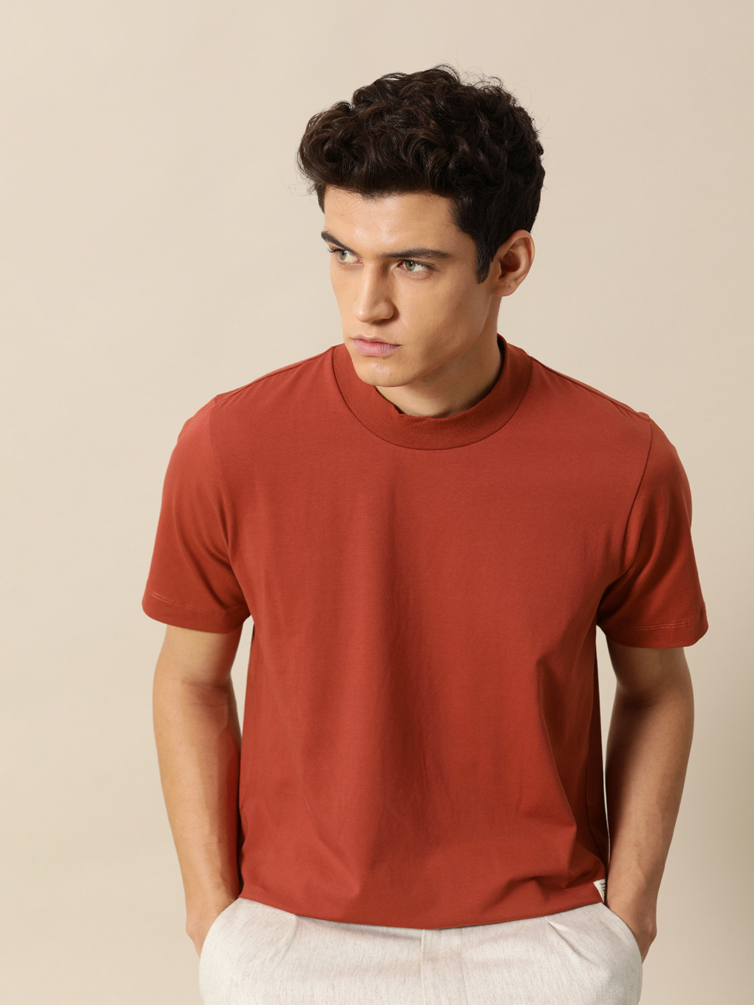 

Mr Bowerbird Men Rib Mock Neck T-shirt, Rust