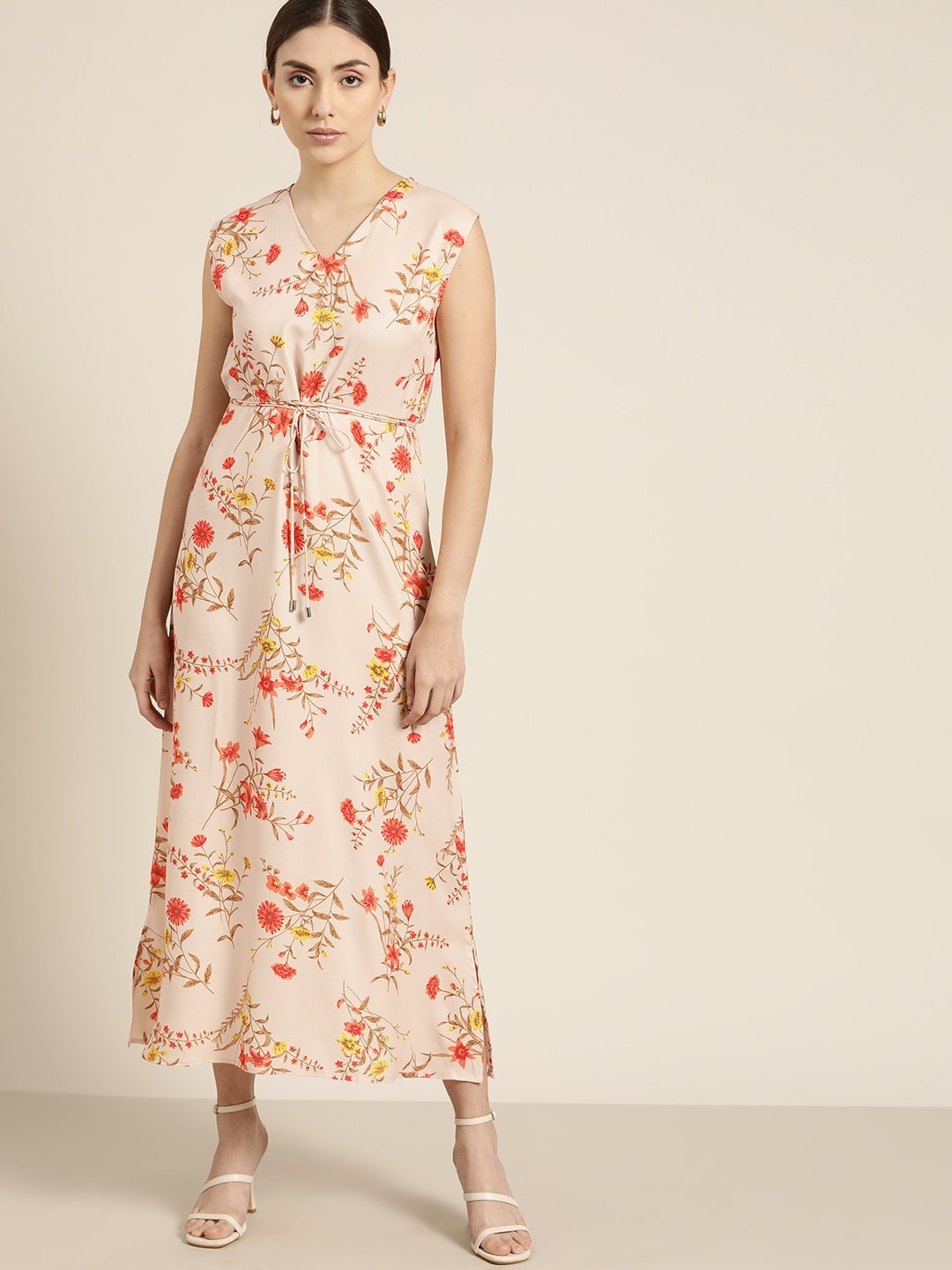 

her by invictus Women Beige & Yellow Floral Printed A-Line Midi Dress
