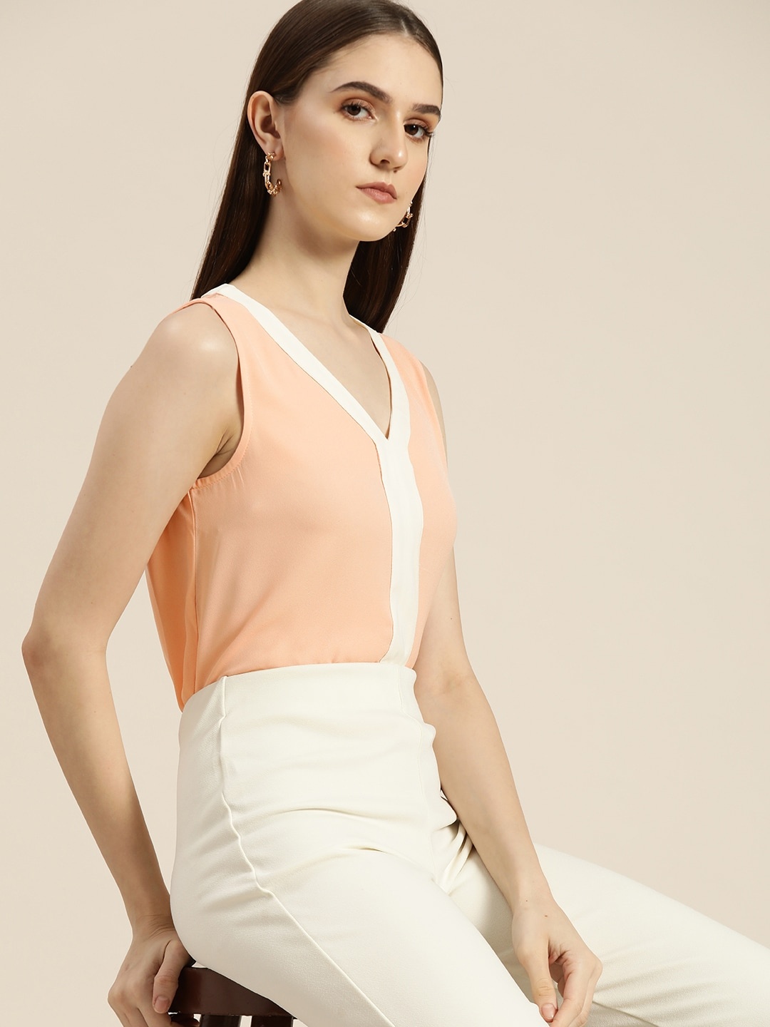 

her by invictus Women Peach-Coloured & White Solid Top