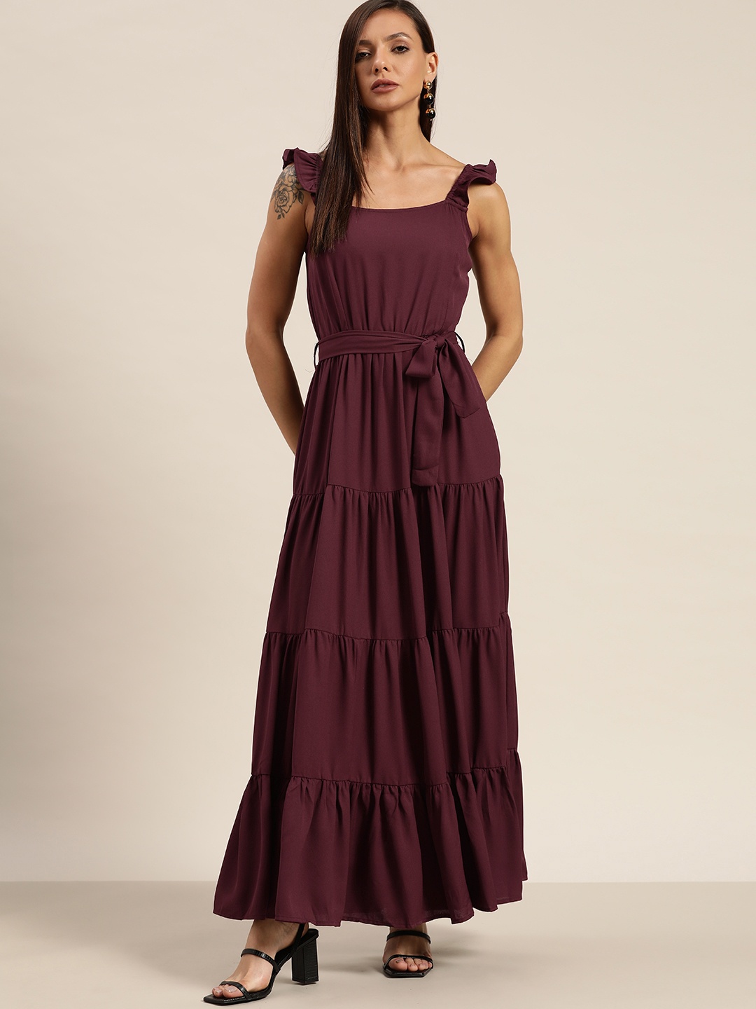

her by invictus Burgundy Solid Tiered A-Line Maxi Dress