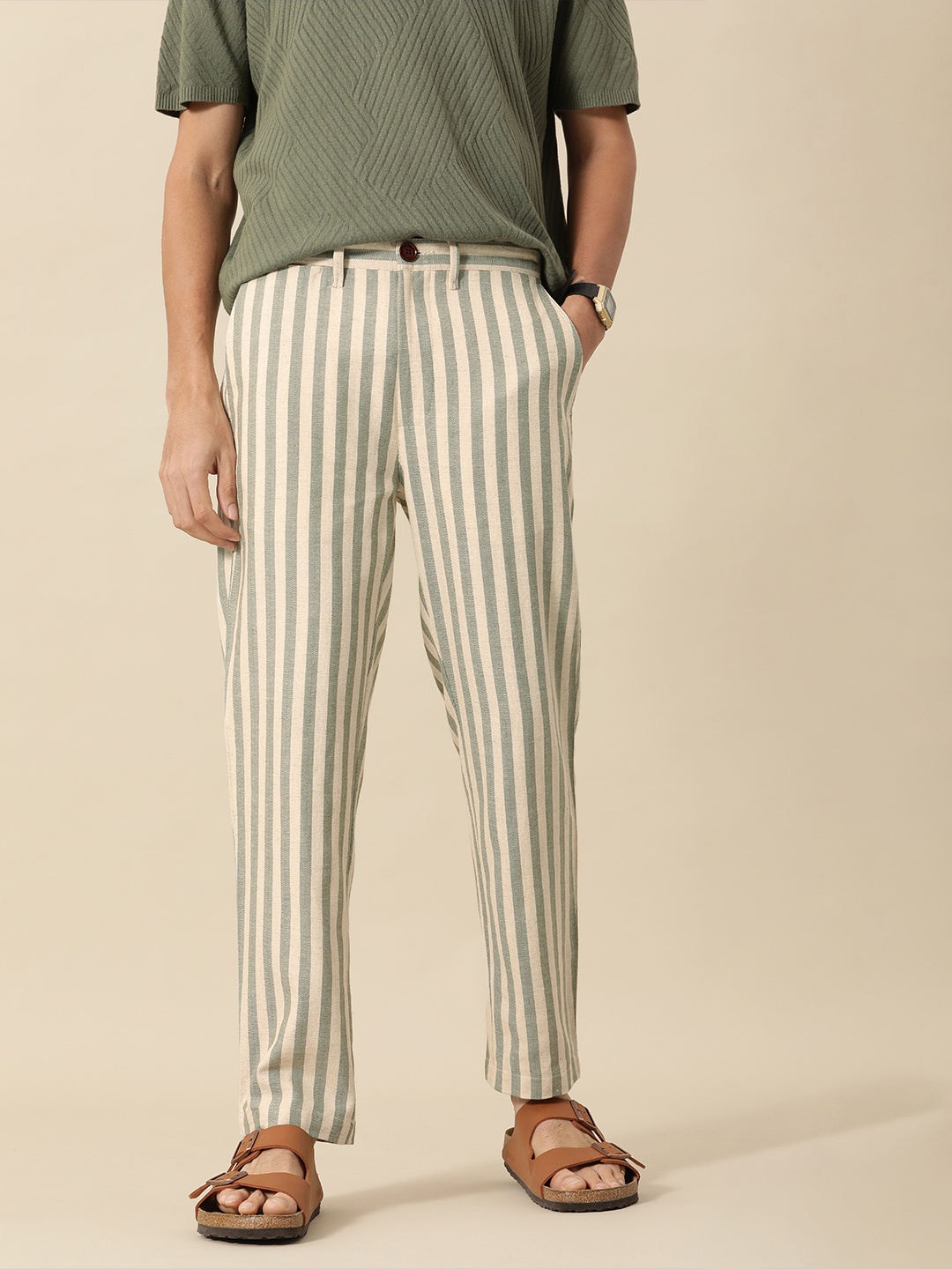 

Mr Bowerbird Men Off White Liberal Fit Striped Trousers