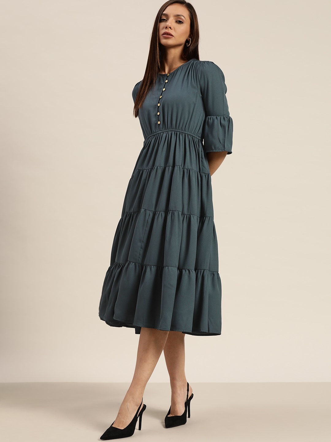 

her by invictus Navy Blue Solid Tiered A-Line Midi Dress