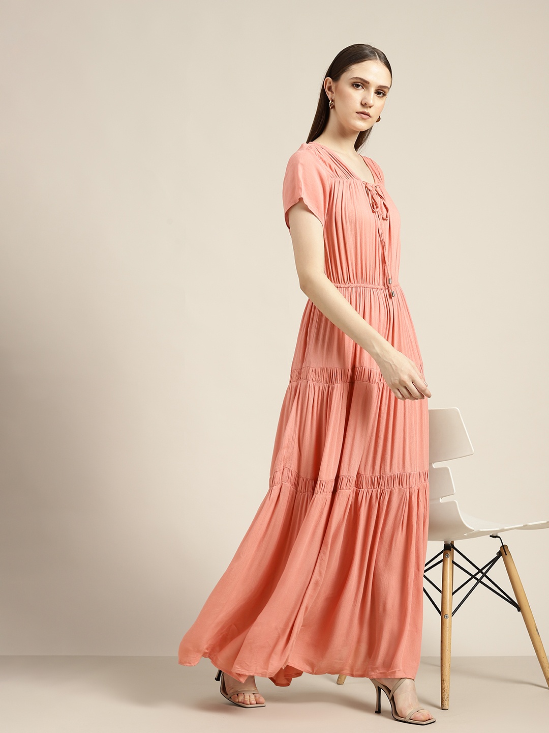 

her by invictus Peach-Coloured Solid Tiered Maxi Dress
