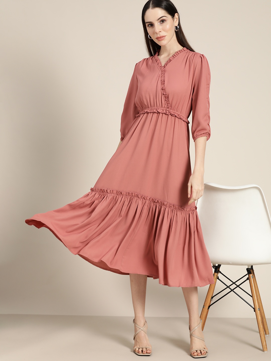 

her by invictus Women Pink A-Line Midi Tiered Dress