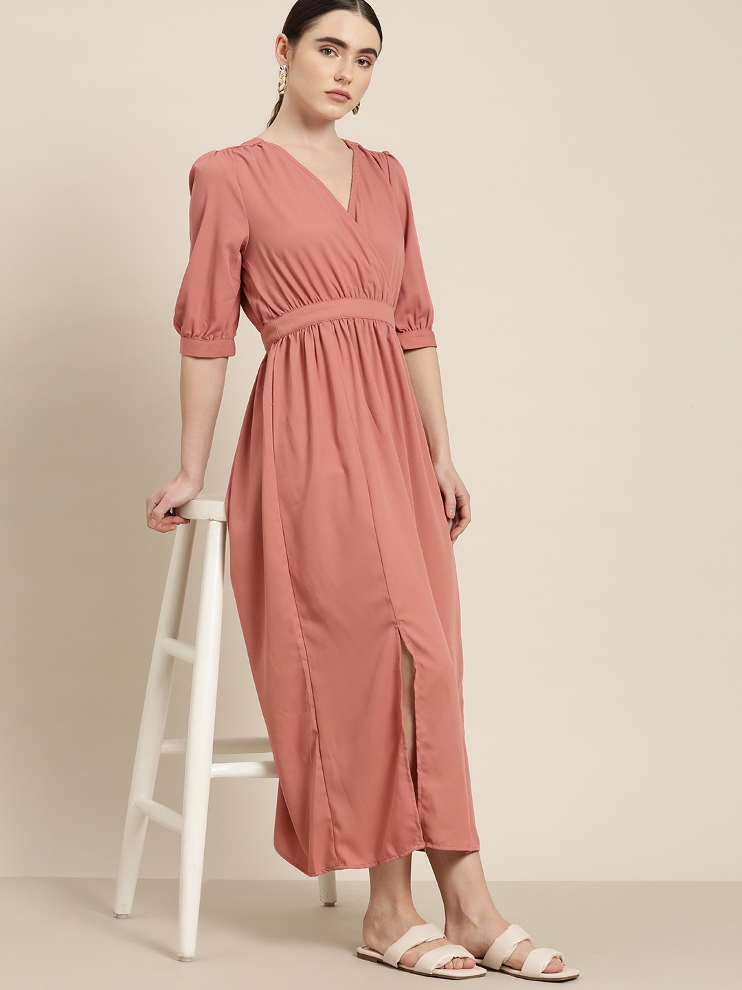 

her by invictus V-Neck Puff Sleeves Maxi Dress, Rose