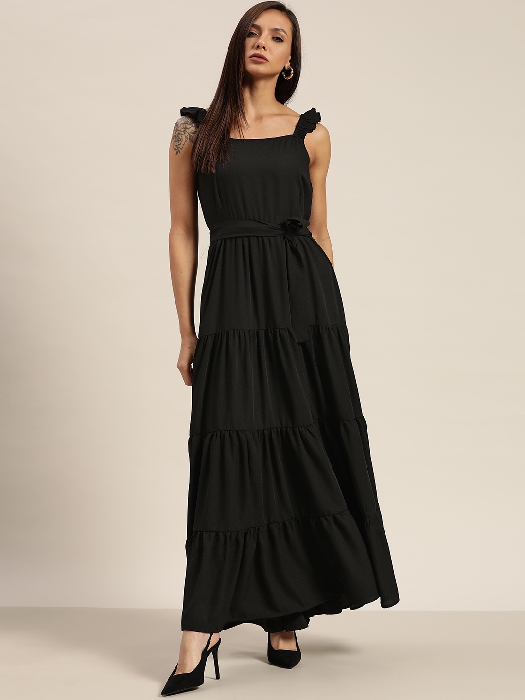 

her by invictus Black Solid Tiered A-Line Maxi Dress