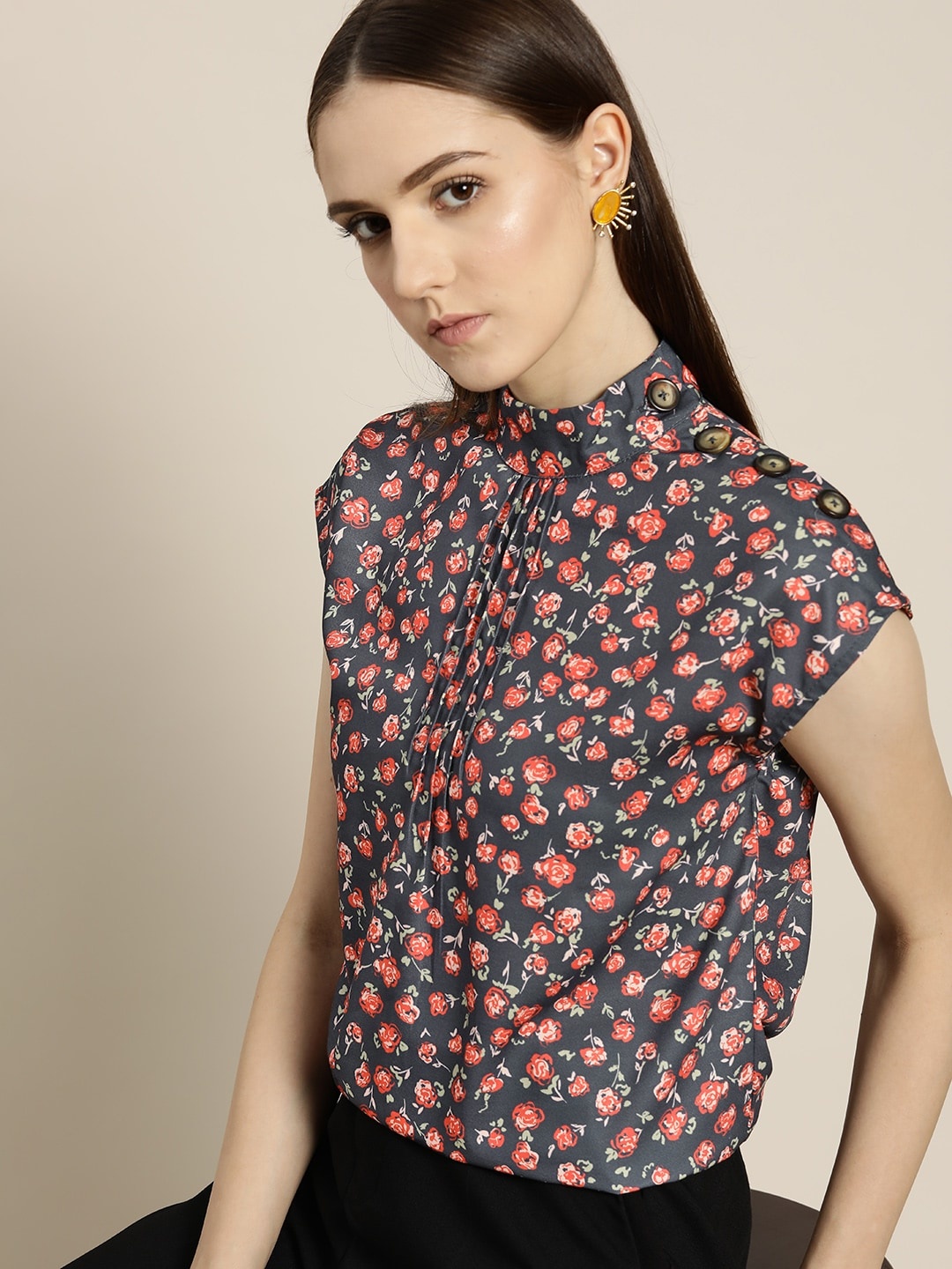 

her by invictus Navy Blue & Orange Floral Print High Neck Top