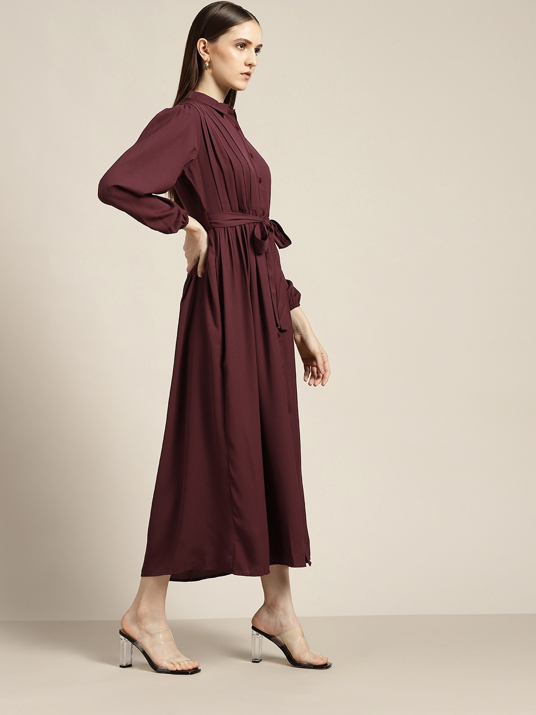 

her by invictus Burgundy Solid Shirt Midi Dress
