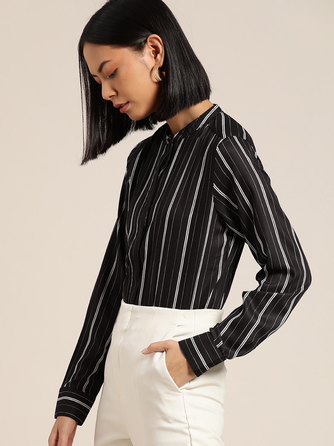 

her by invictus Women Black & White Striped Casual Shirt