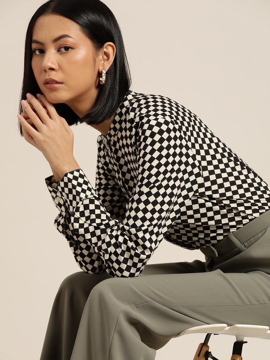 

her by invictus Women Black Gingham Checked Casual Shirt