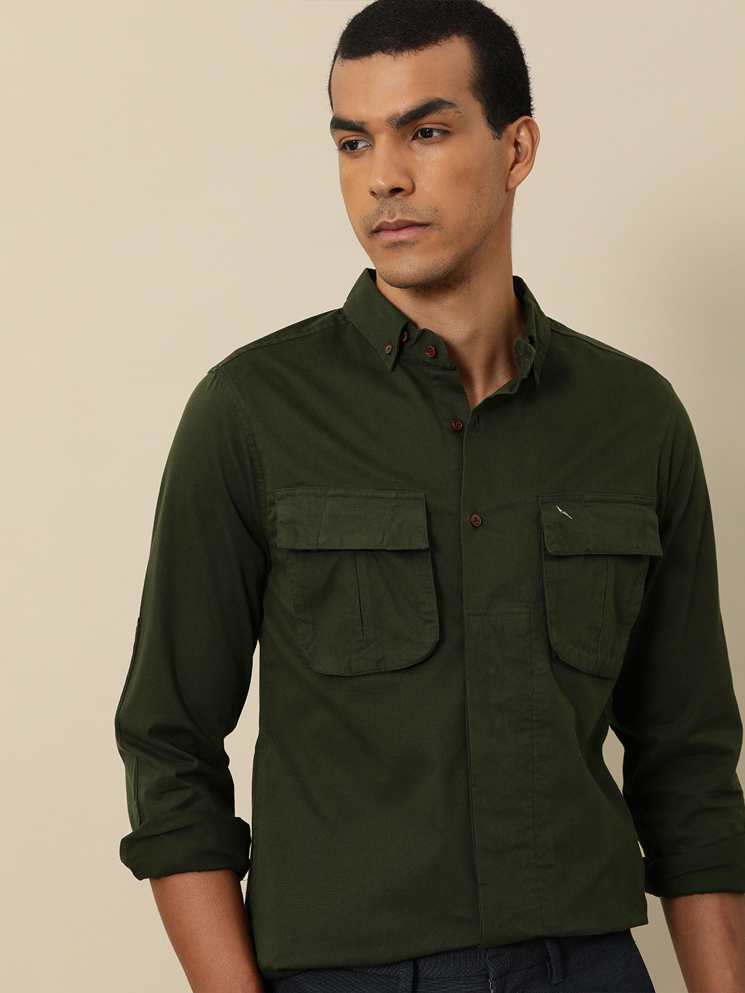 

Mr Bowerbird Men Dark Olive Green Solid Tailored Fit Pure Cotton Casual Shirt