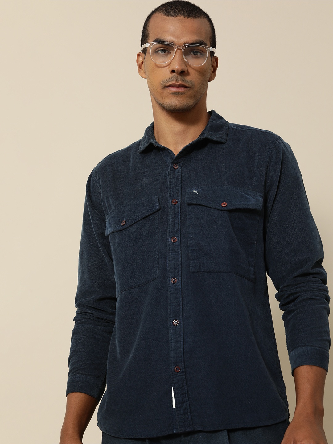 

Mr Bowerbird Men Navy Blue Solid Velvet Pure Cotton Casual Shirt