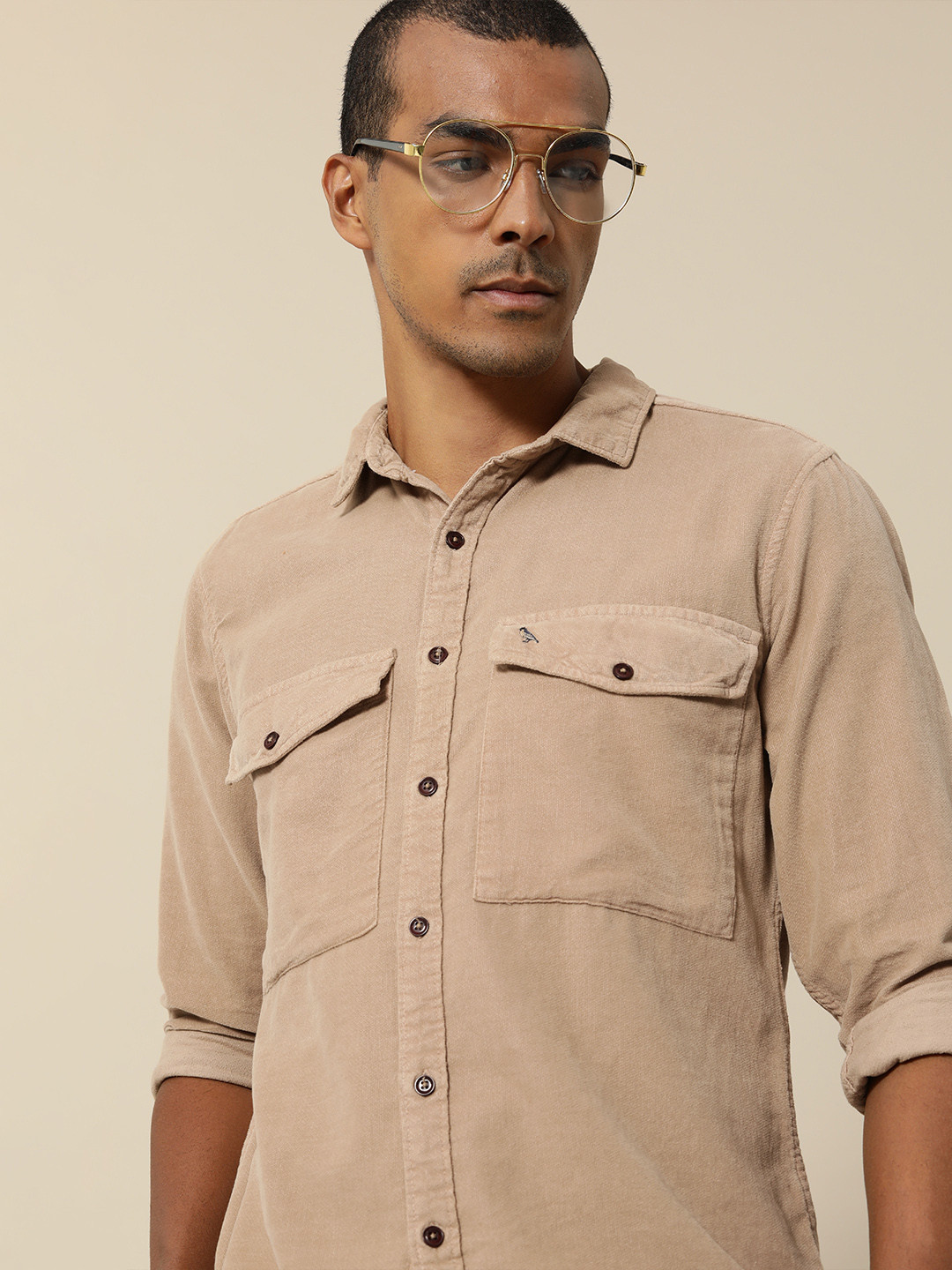 

Mr Bowerbird Men Beige Solid Tailored Fit Velevt Pure Cotton Casual Shirt