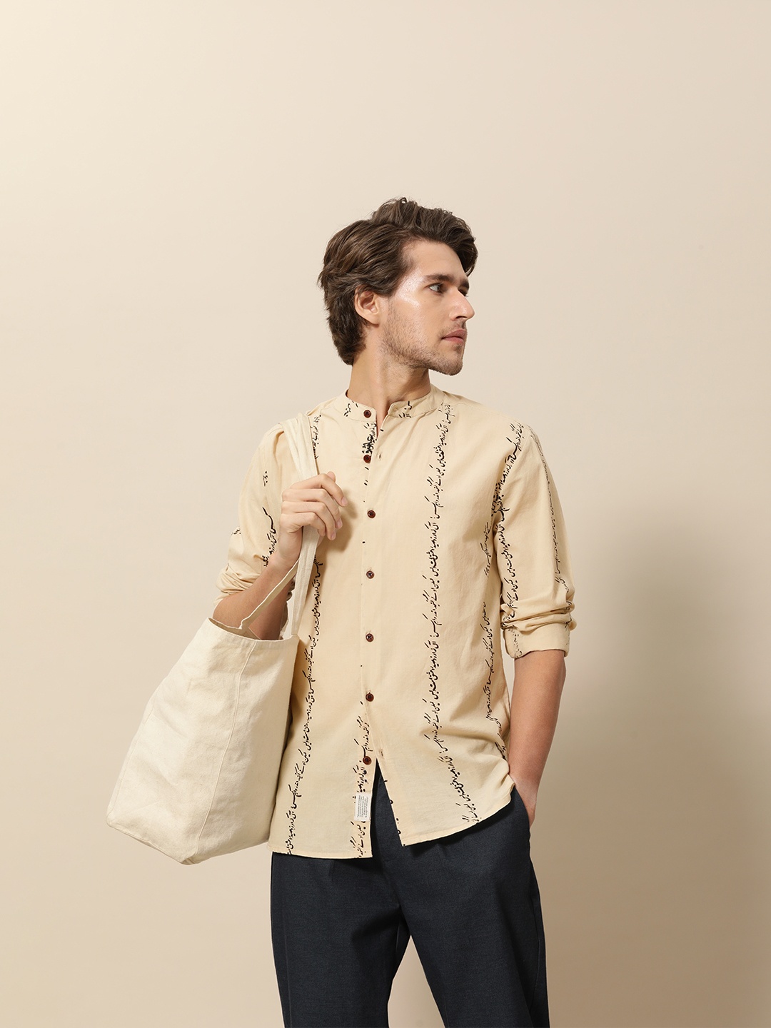 

Mr Bowerbird Men Beige Rumi Love Hand Block Printed Shirt