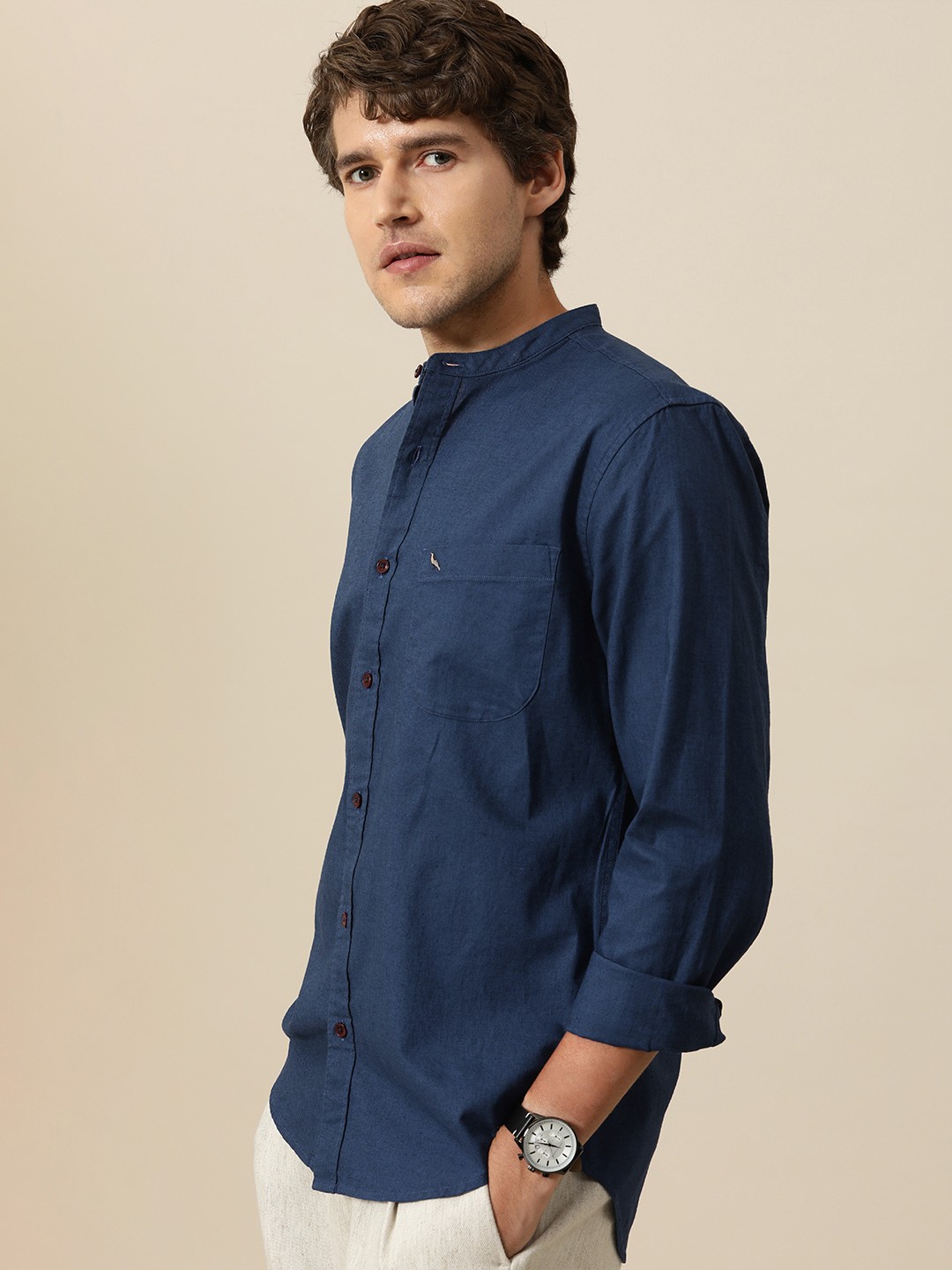 

Mr Bowerbird Men Navy Blue Solid Tailored Fit Casual Shirt