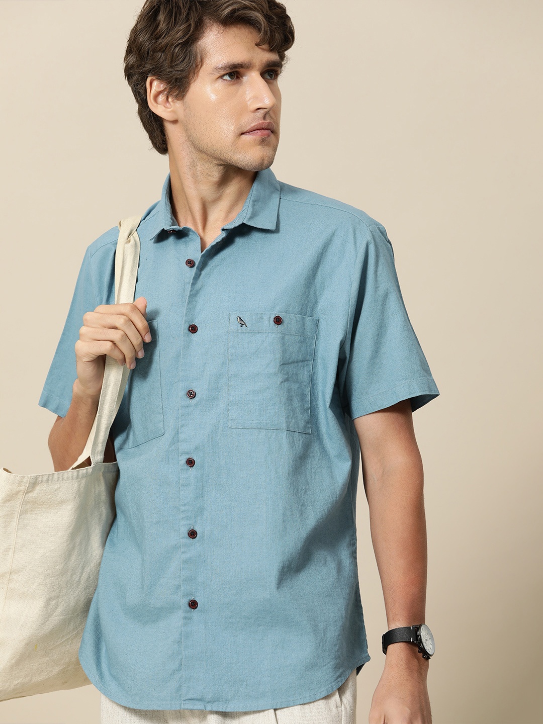 

Mr Bowerbird Men Blue Solid Tailored Fit Casual Shirt, Teal