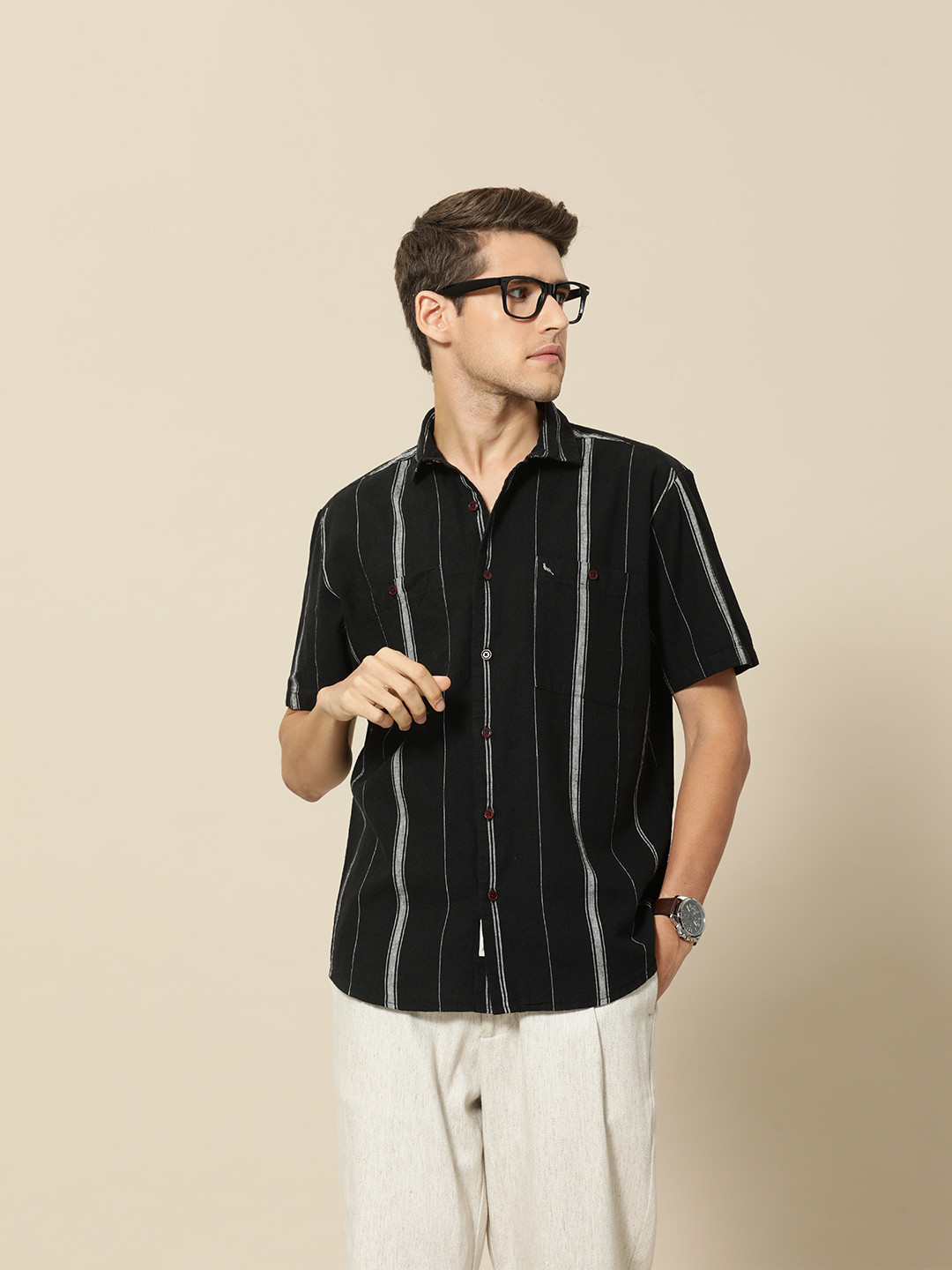 

Mr Bowerbird Men Black & White Striped Casual Shirt