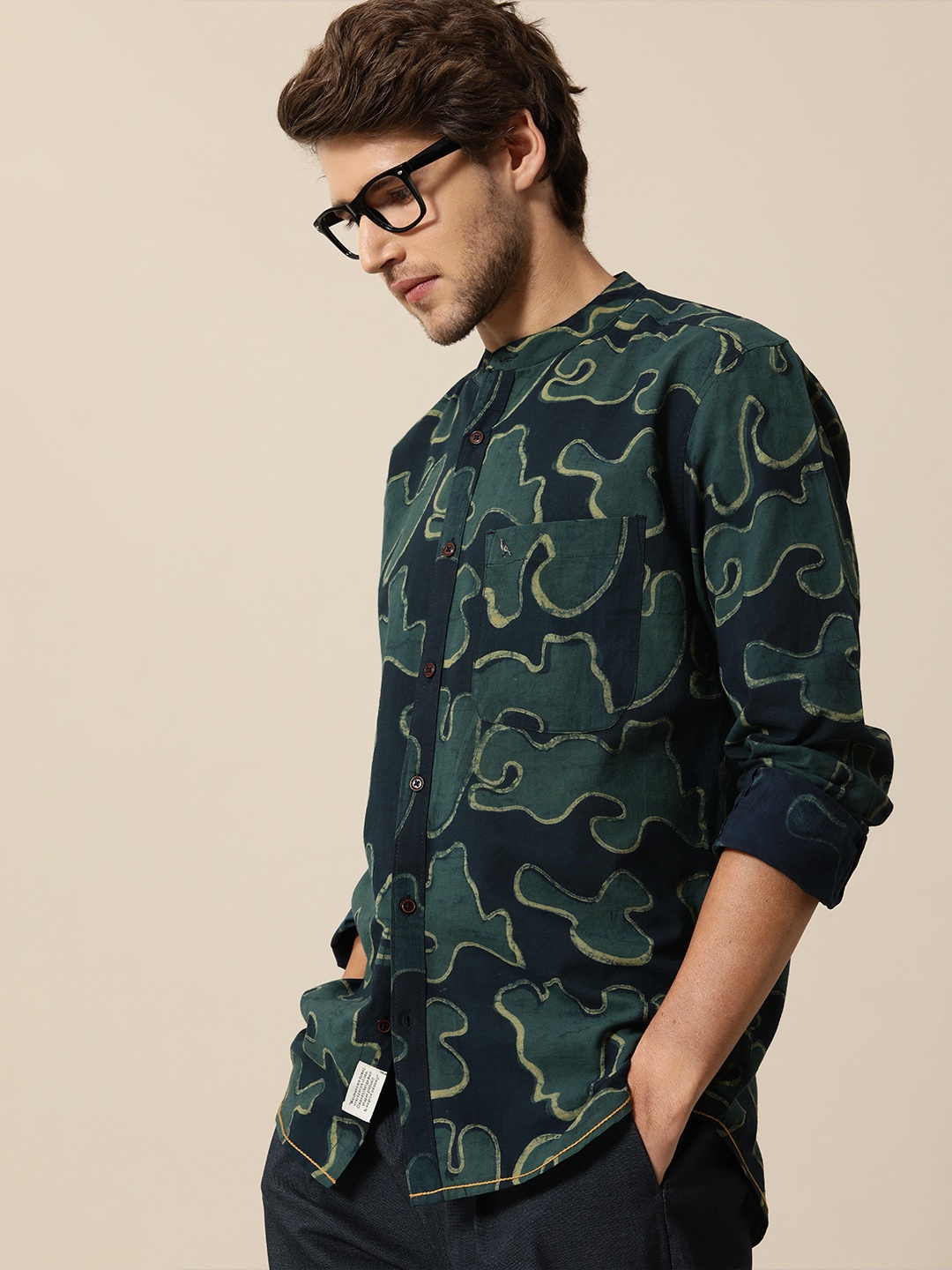 

Mr Bowerbird Men Navy Blue & Green Camo Hand Block Printed Shirt