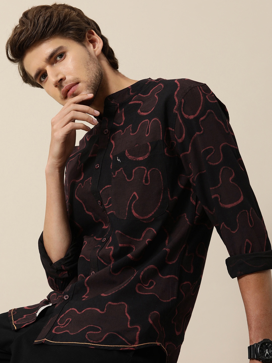

Mr Bowerbird Men Brown & Red Camo Hand Block Printed Shirt