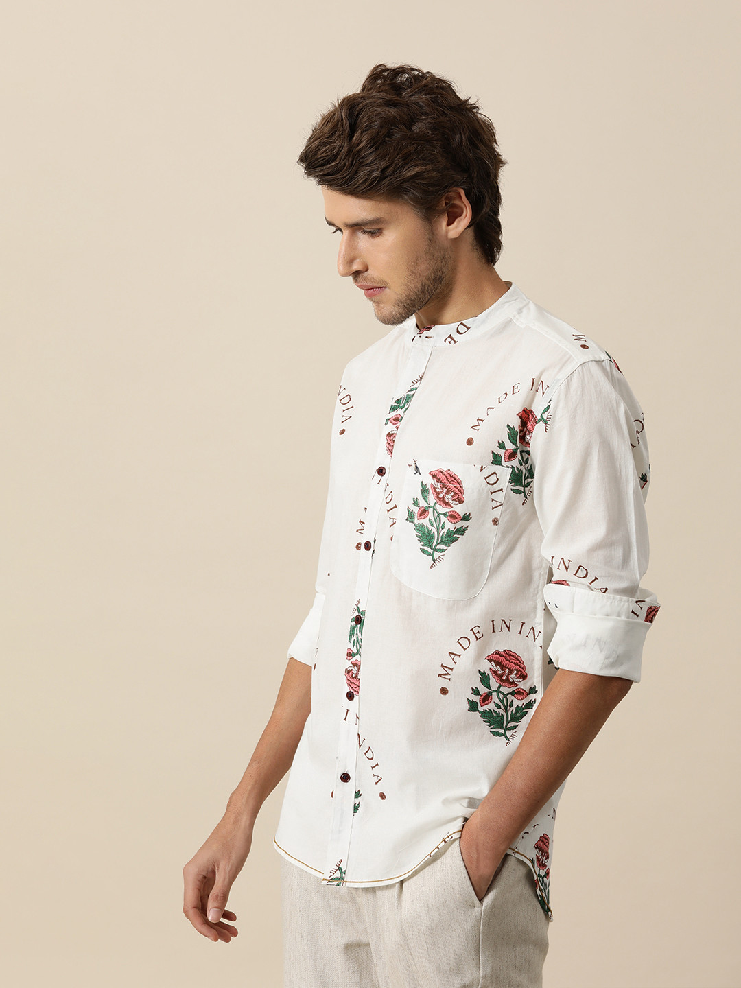 

Mr Bowerbird Men White & Pink Made In India Hand Block Printed Shirt