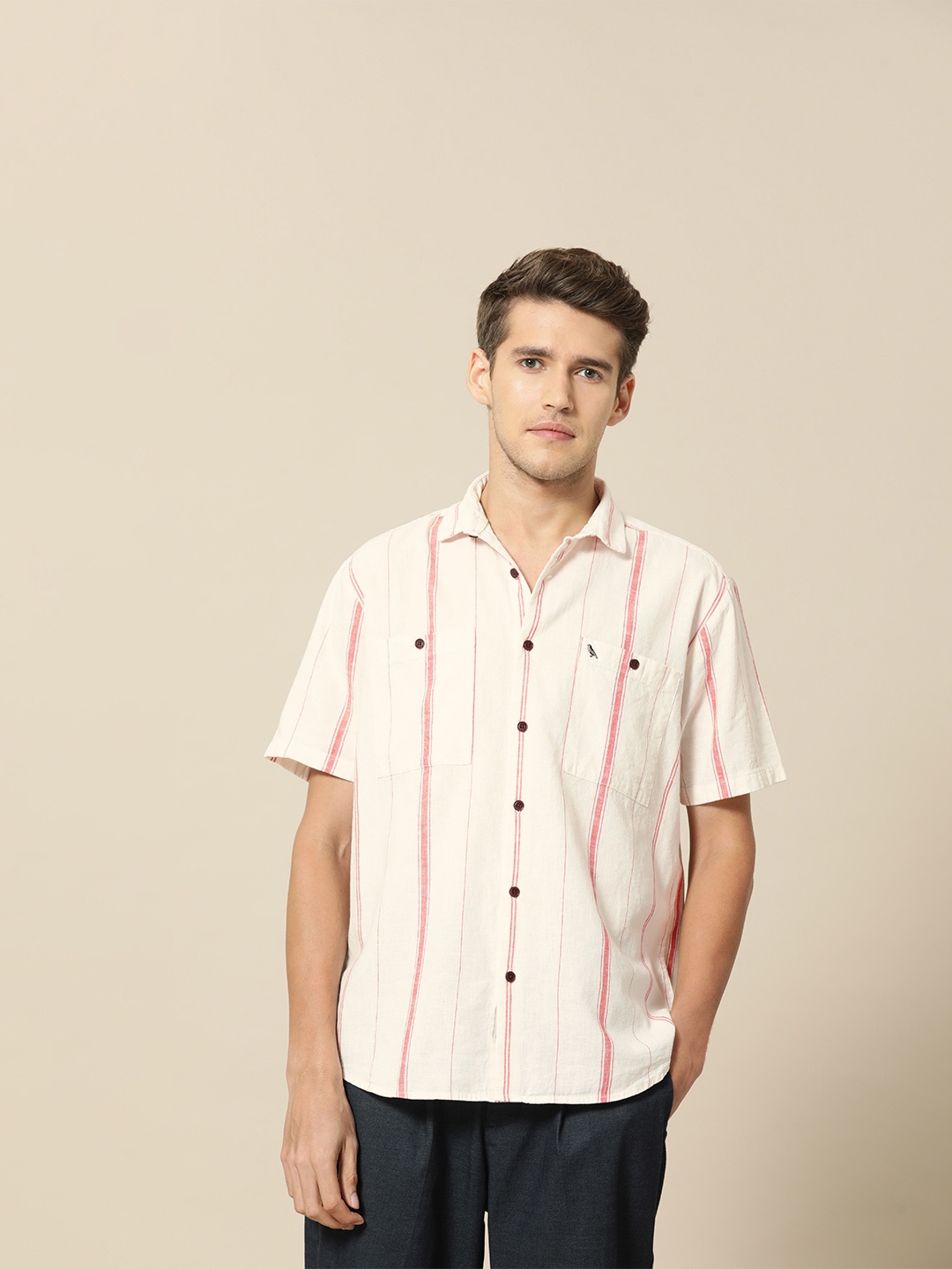 

Mr Bowerbird Men Beige & Pink Striped Casual Shirt