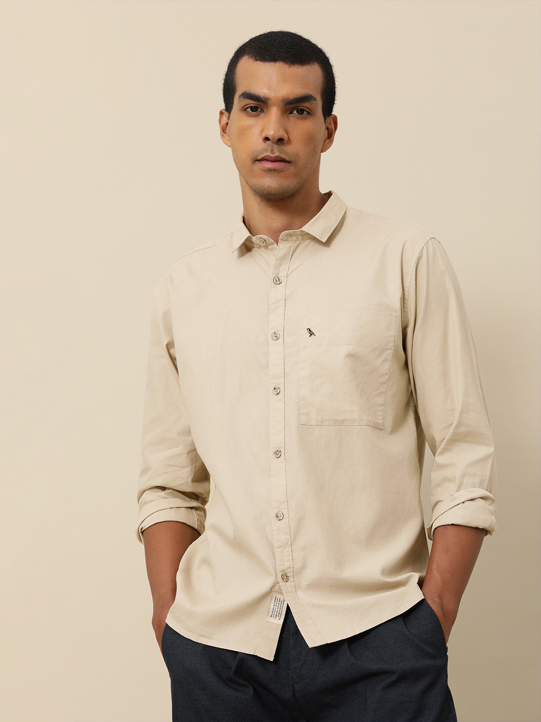 

Mr Bowerbird Men Beige Solid Tailored Fit Pure Cotton Oversize Casual Shirt