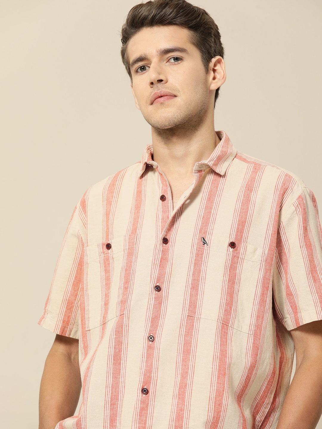 

Mr Bowerbird Men Beige & Pink Vertical Striped Casual Shirt