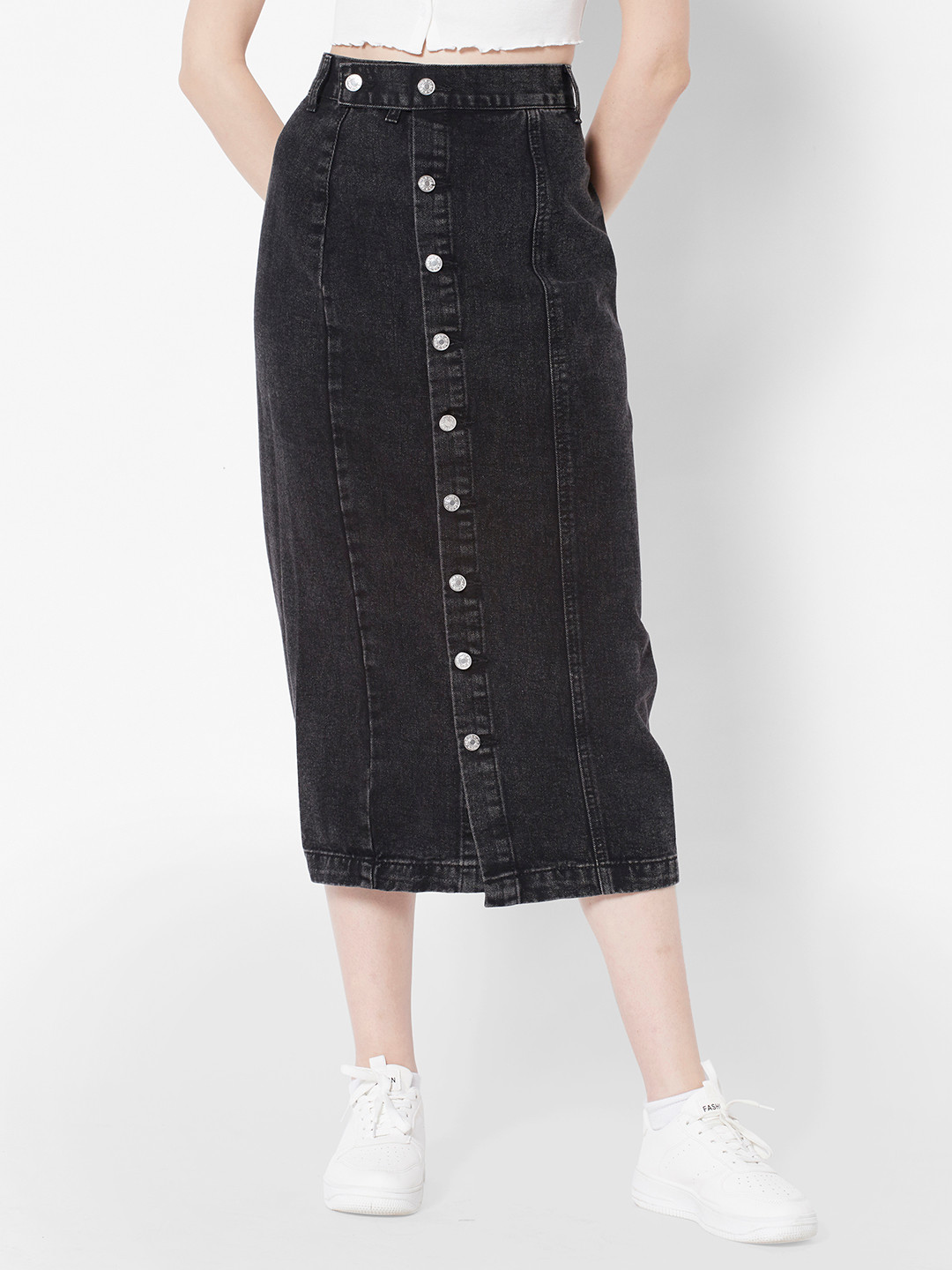 

URBANIC Women Black Pure Cotton Button Detail Midi Straight Denim Skirt