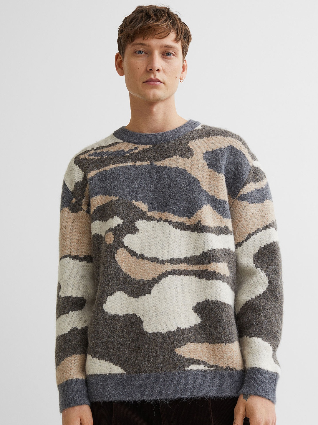 

H&M Men Grey Relaxed Fit Jacquard-knit jumper